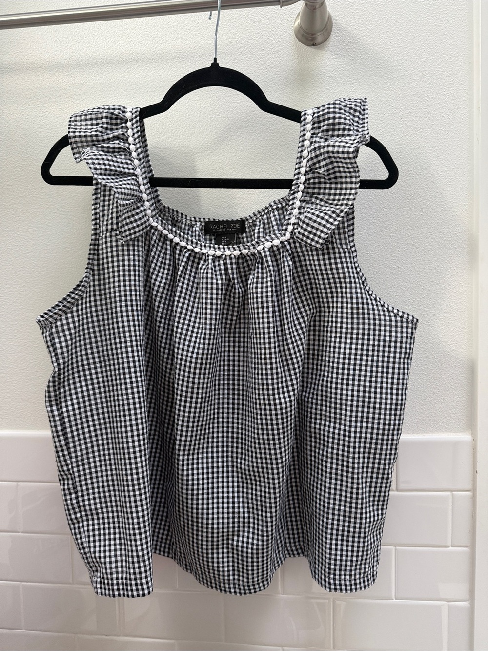 Rachel Zoe Gingham Ruffle Trim Sleeveless Top Black White Size Large - Picture 2 of 5